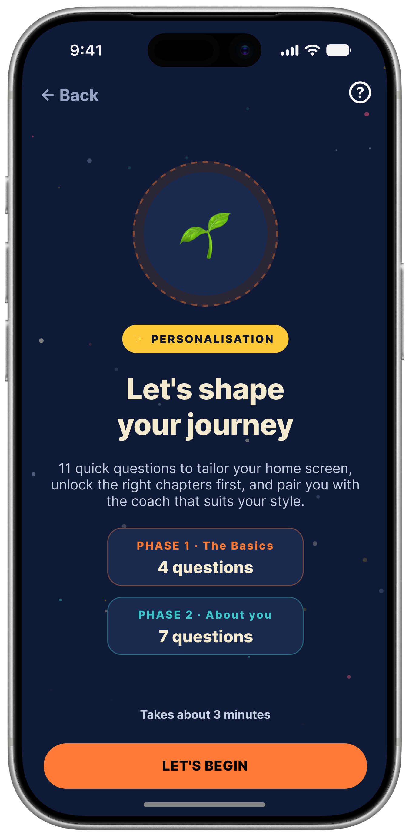 Personalisation intro screen: 'Let's shape your journey', 11 quick questions across two phases